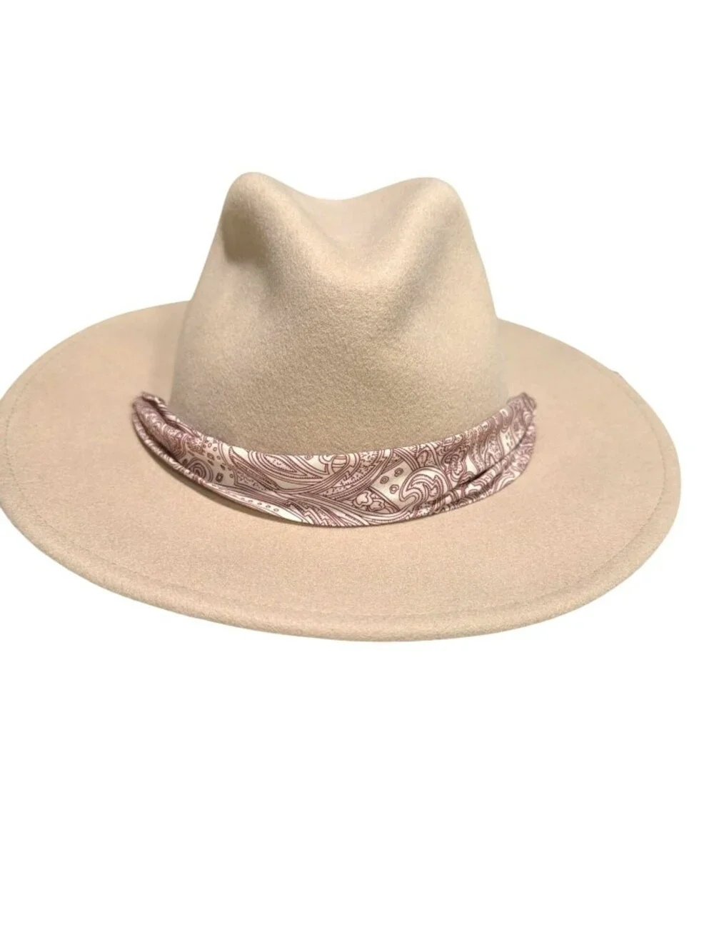 Wyeth Beige Wool Hat With Paisley Scarf Detail Wide Brim New